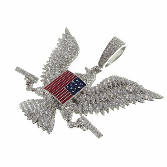 Solid 925 Sterling Silver Iced Out Rhodium Plated Patriotic Eagle & Flag Pendant - Picture 7 of 9